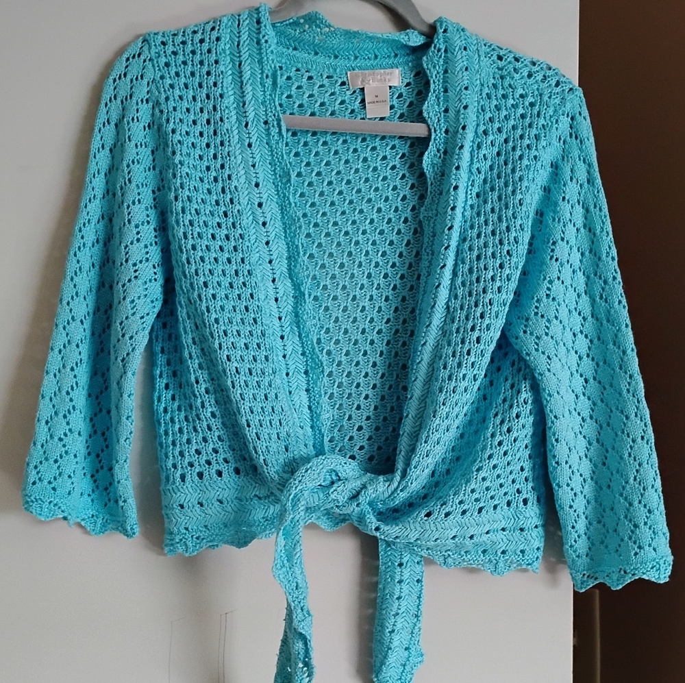 💜Turquoise Cropped Front-tie Sweater (M)